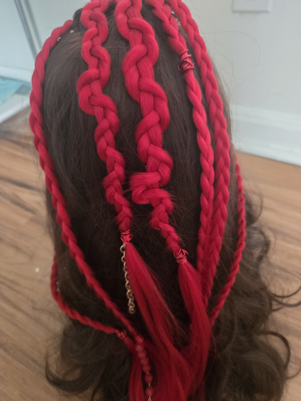 4/$15 Boho Festival Red With Fiber & Wire Bead Braided Synthetic Hair Extensions - Picture 4 of 7